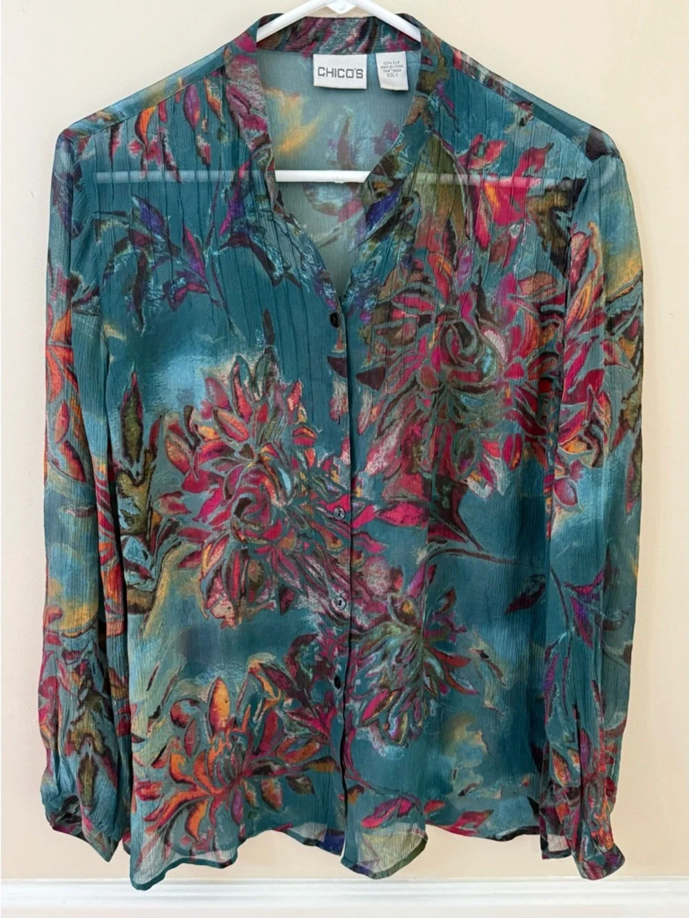 Chicos sheer button down floral silk blouse size 1 medium - Picture 1 of 10